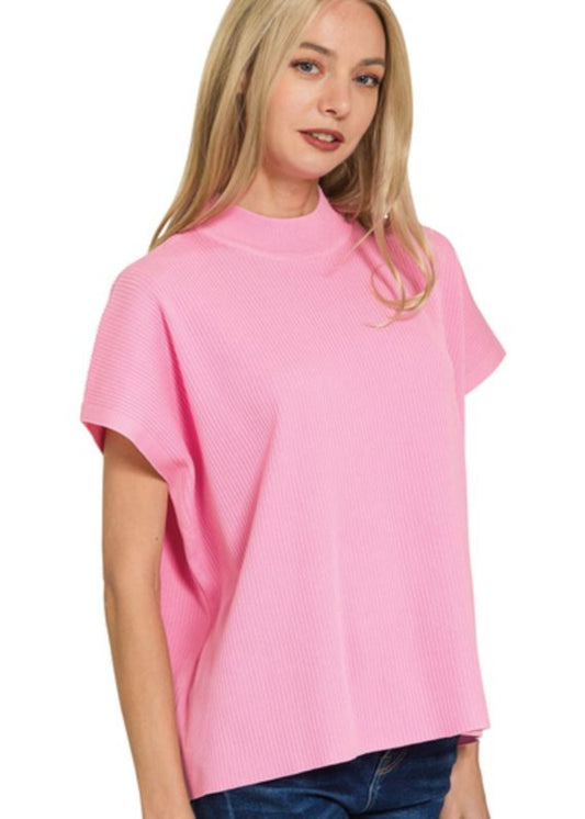 VISCOSE MOCK NECK BOXY SWEATER - CANDY PINK