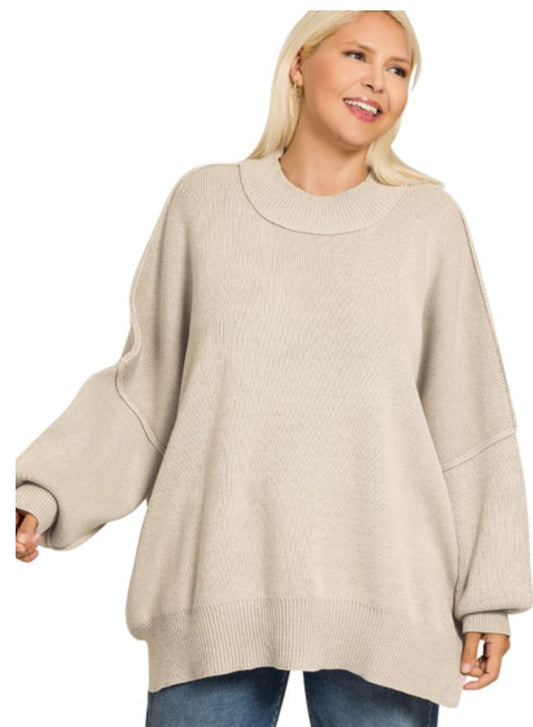 PLUS SIDE SLIT OVERSIZED SWEATER - H MOCHA