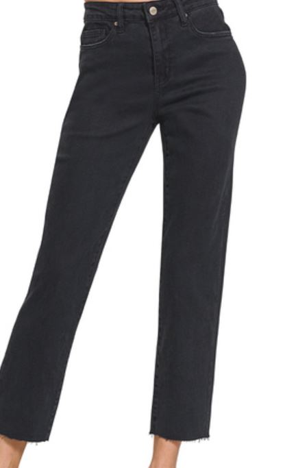 ACID WASHED HIGH WAIST CROPPED STRAIGHT PANTS