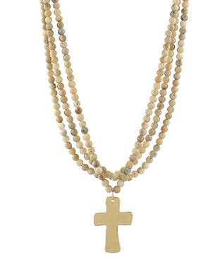 3 LAYERED CROSS BEAD NECKLACE - BEIGE/GOLD