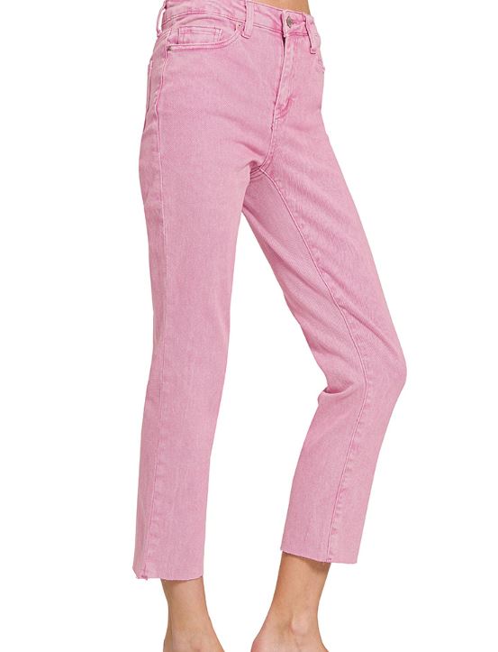 ACID WASHED HIGH WAIST CROPPED STRAIGHT PANTS