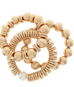 3 ROW BALL AND DISK BRACELE - GOLD/CREAM