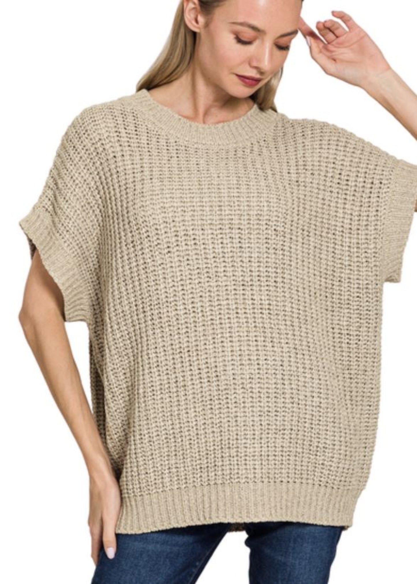 SHORT SLEEVE ROUND NECK SWEATER - H MOCHA
