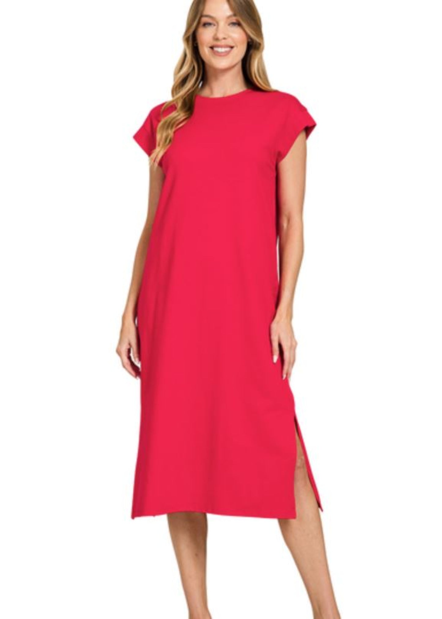 ROUND NECK SHORT SLEEVE MIDI DRESS-RUBY
