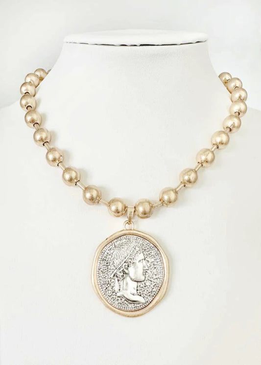 Worn Gold Beaded Chain with Large 1.5" Stamped Coin Charm 16"-18"