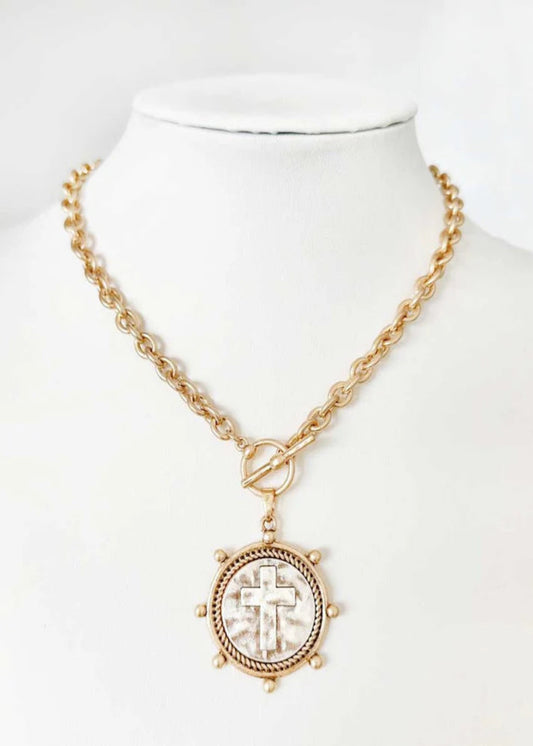 Worn Gold Chain with Stamped Cross Coin Charm 16"-18" Necklace