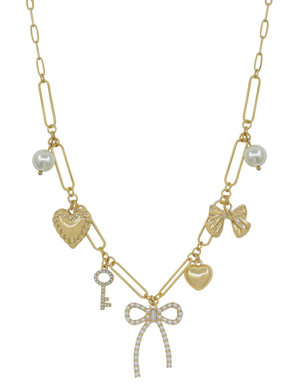 Gold Chain with Pearl Bow, Hearts, Key Charms 16"-18"