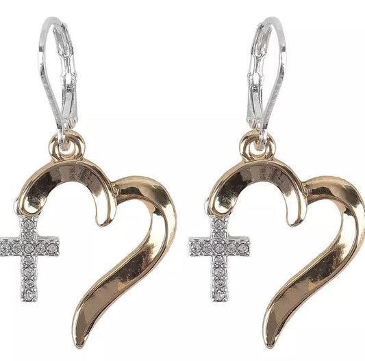 PRIMITIVE HEART WITH CROSS GOLD EARRINGS