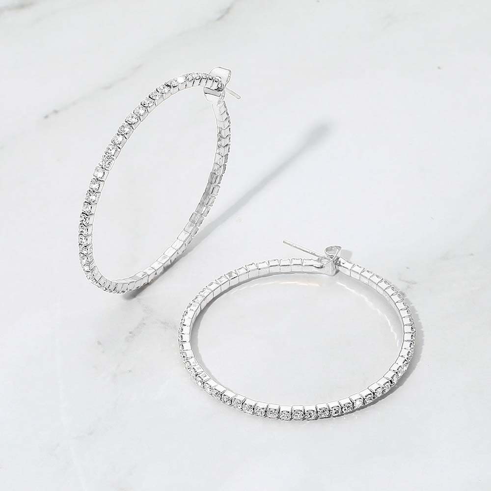 40mm Rhinestone Paved Hoop Earrings - Silver