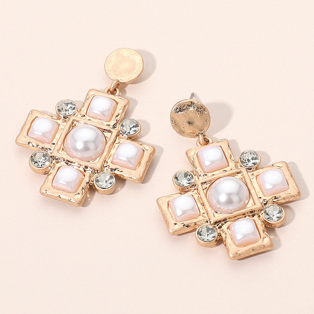 Pearl Accent Stone Detail Cross Dangle Earrings