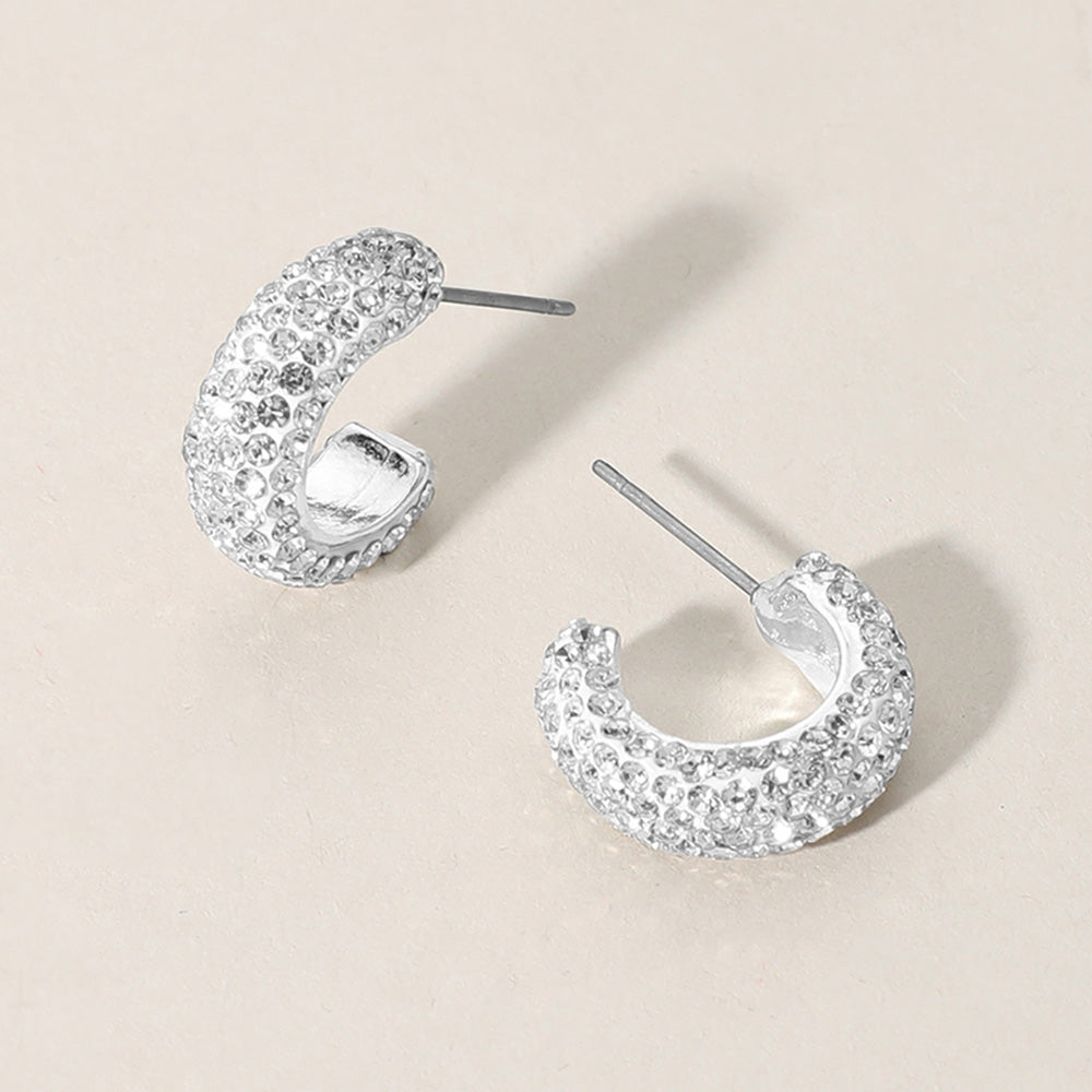 18K Gold Dipped Bling Stone Studded Mini Hoop Earrings - Silver