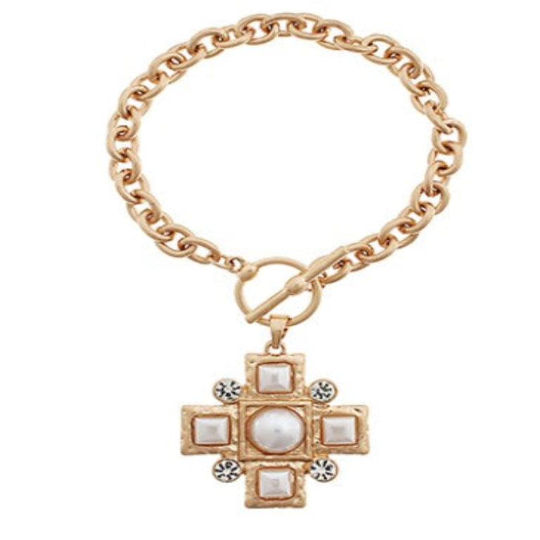 CROSS PEARL CHARM BRACELET - WORN GOLD/CREAM