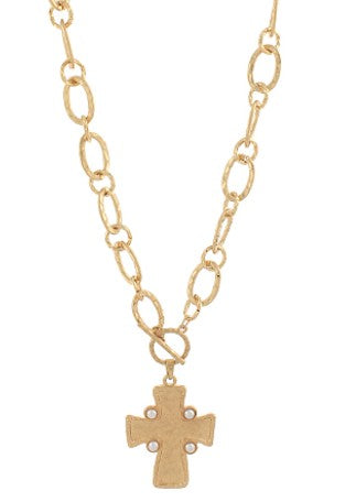 HAMMERED CROSS PEARL NECKLACE