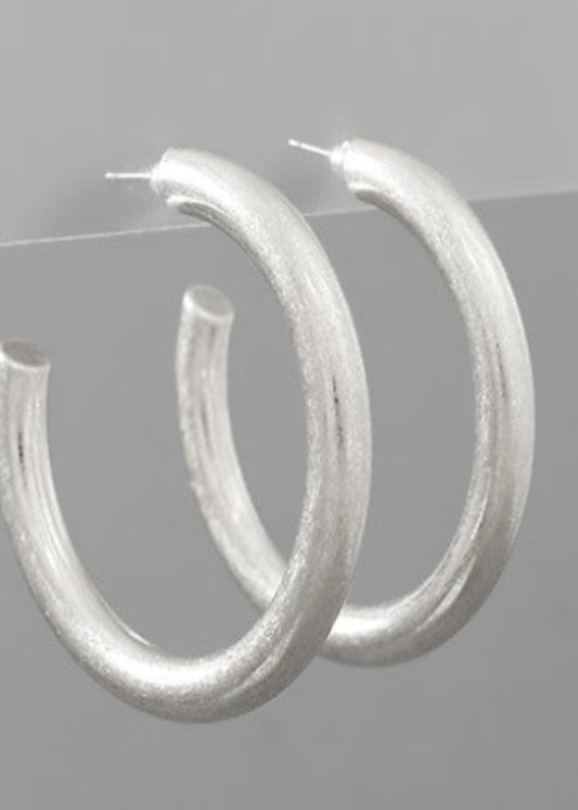 50MM HOLLOW HOOP EARRINGS-WORN SILVER
