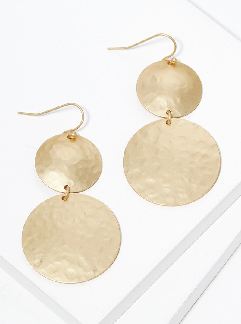 Hammered metal double round fish hook dangle drop earrings