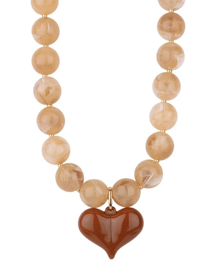 PUFFY HEART & MARBLE NECKLACE - DARK BEIGE AND BROWN