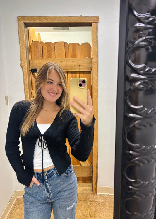 GRACIE V-NECK TIE RIBBED CARDIGAN - BLACK