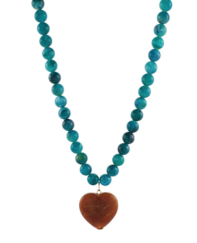 MARBLE PUFFY HEART NECKLACE - TEAL/BROWN