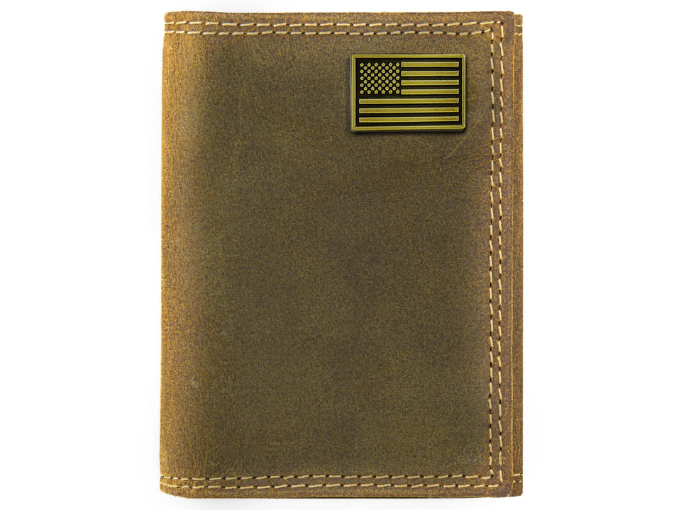 VINTAGE TAN TRIFOLD- BRASS USA FLAG