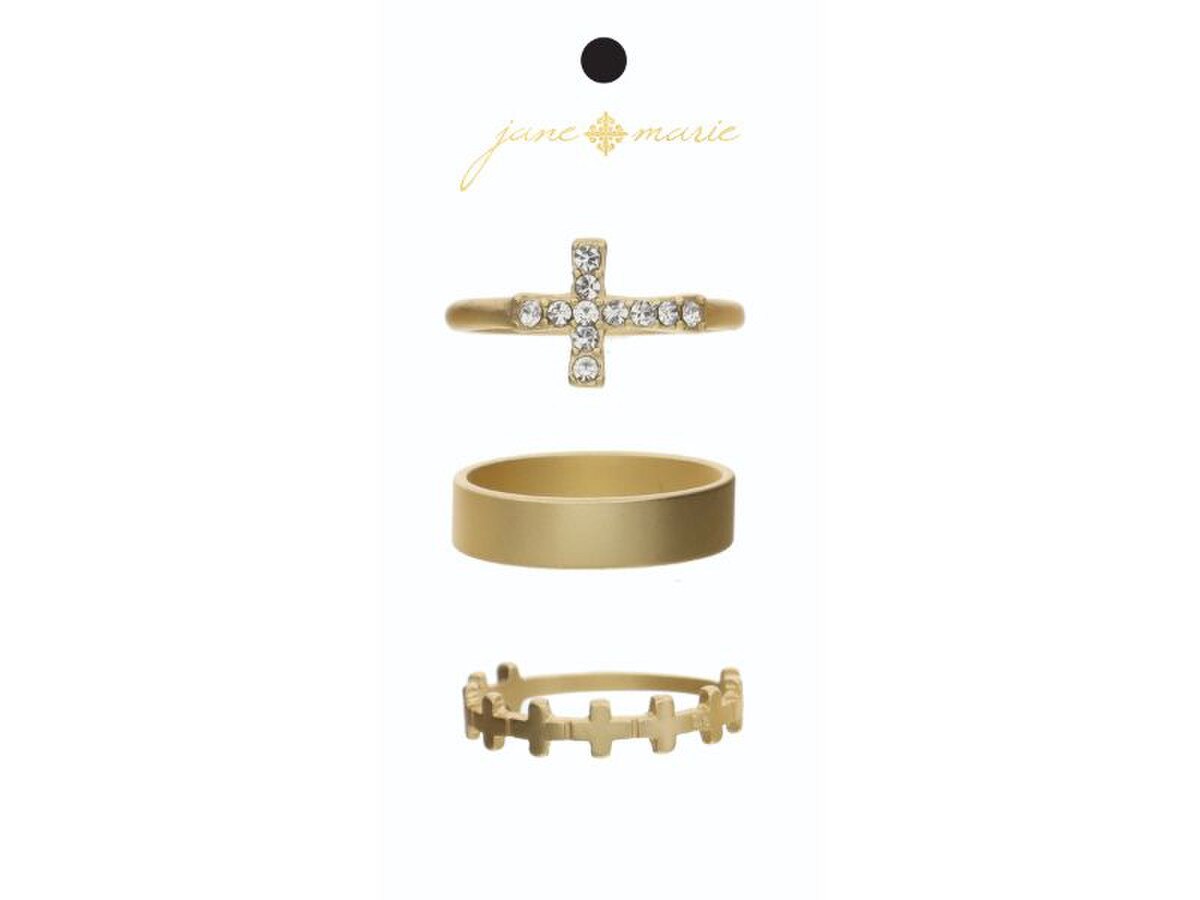 GOLD BAND, CRYSTAL CROSS & SQUARE CROSS BAND RING SET
