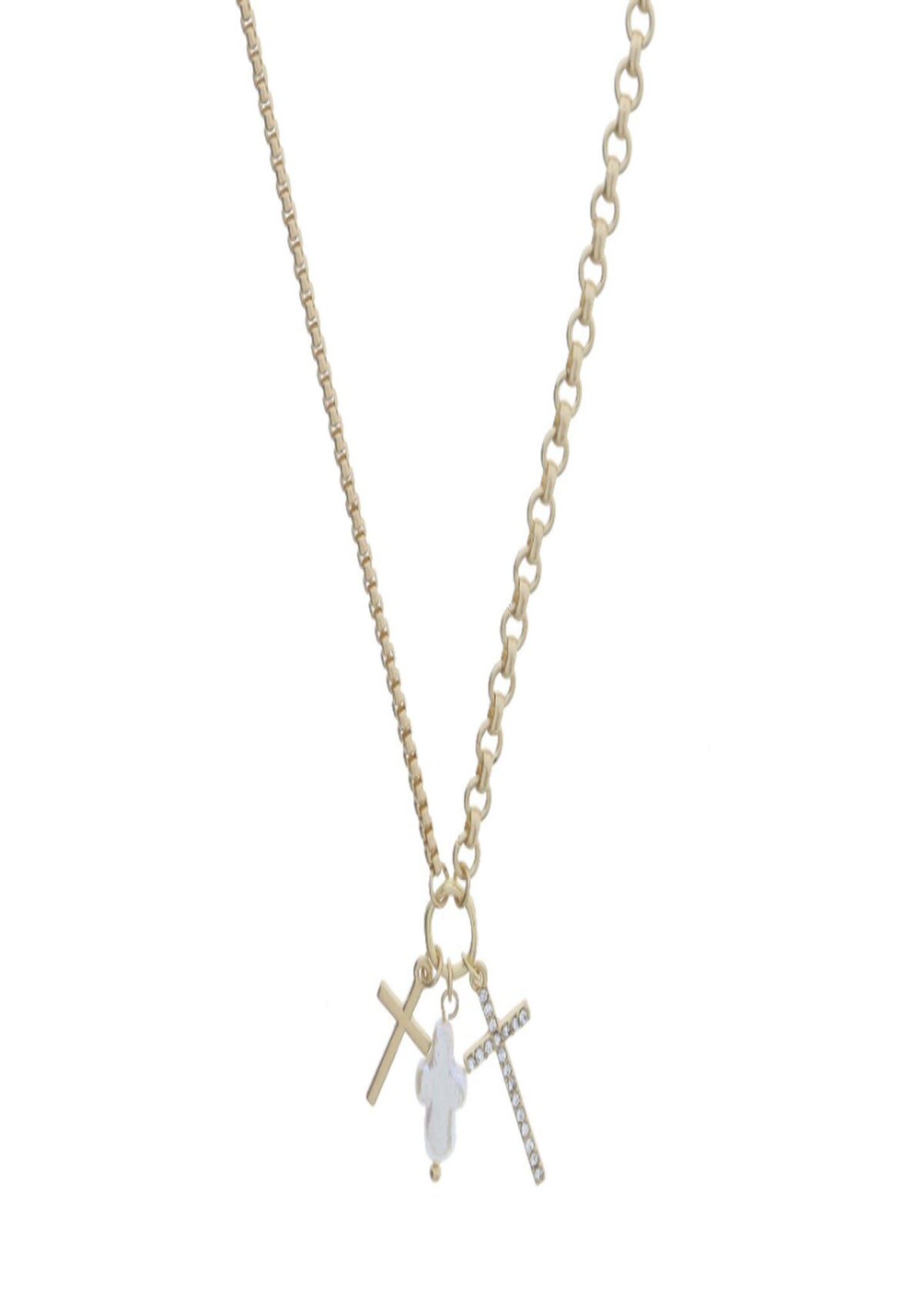 Gold Jump Ring with Gold Cross, Pearl Cross, Crystal Cross Necklace
