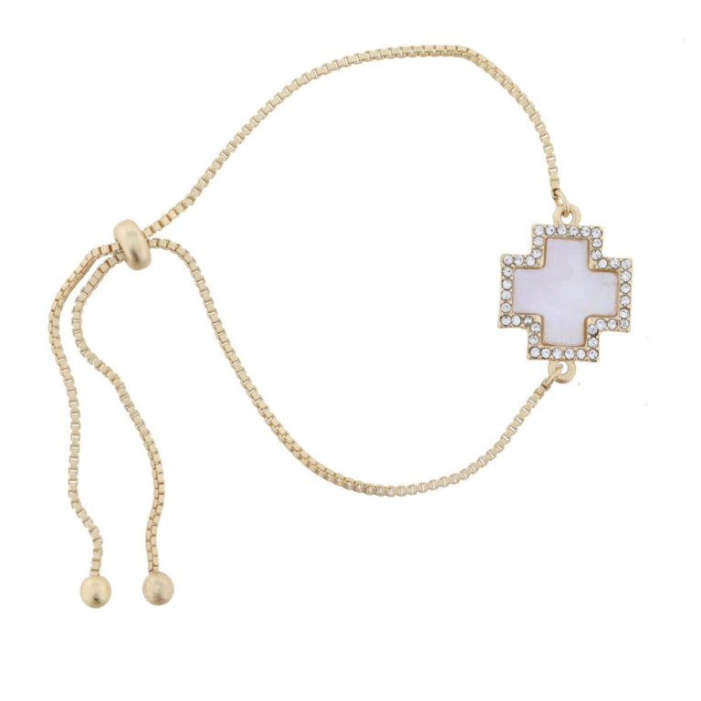 White Shell Square Cross with Clear Crystals Bracelet