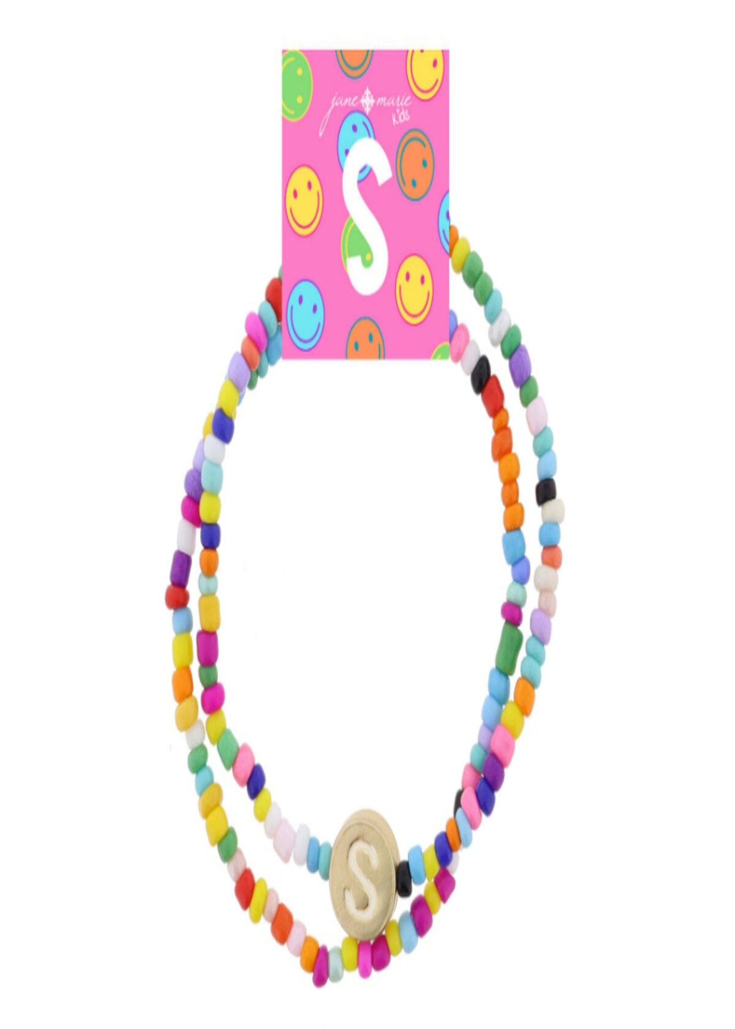 Kids Set of 2, Rainbow Multi Seed Bead Strand and White Enamel "S" Initial on Gold Disc Bracelet