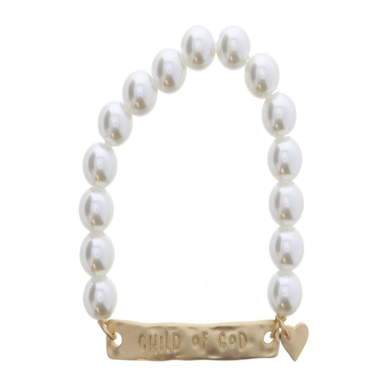 Pearl Beaded with Gold "CHILD OF GOD" Bar and Gold Heart Charm Bracelet, .25", .25" Pendant