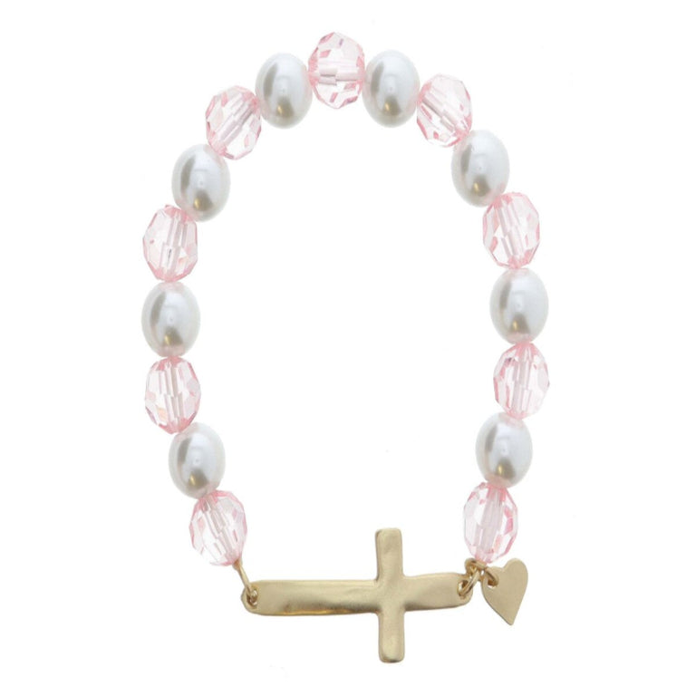 Kids Pearl and Pink Beaded with Skinny Gold Cross and Gold Heart Charm Bracelet, .5", .25" Pendant
