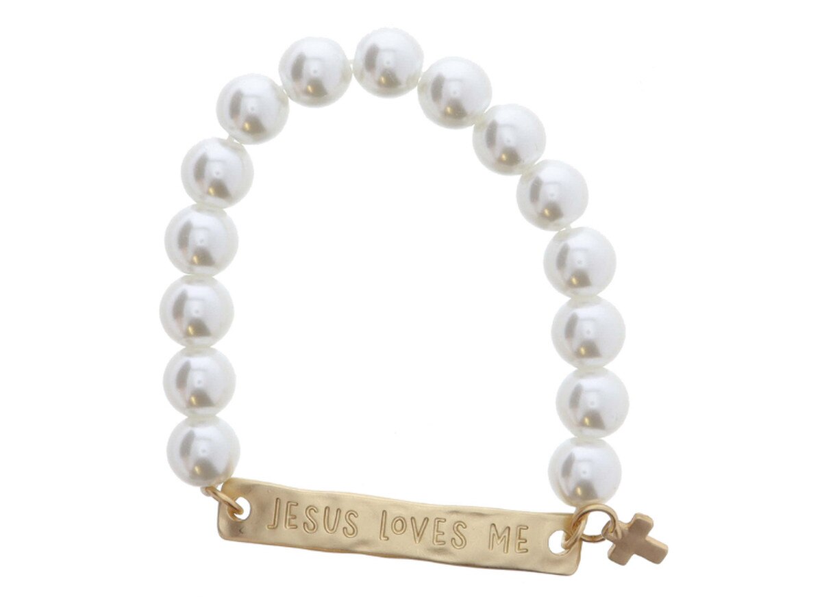 Kids Pearl Beaded with Gold "JESUS LOVES ME" Bar and Gold Cross Charm Bracelet, .25", .25" Pendant