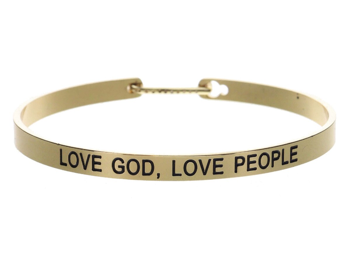 Thin Gold Bangle with "LOVE GOD, LOVE PEOPLE" and Crystal Pave Latch Bracelet