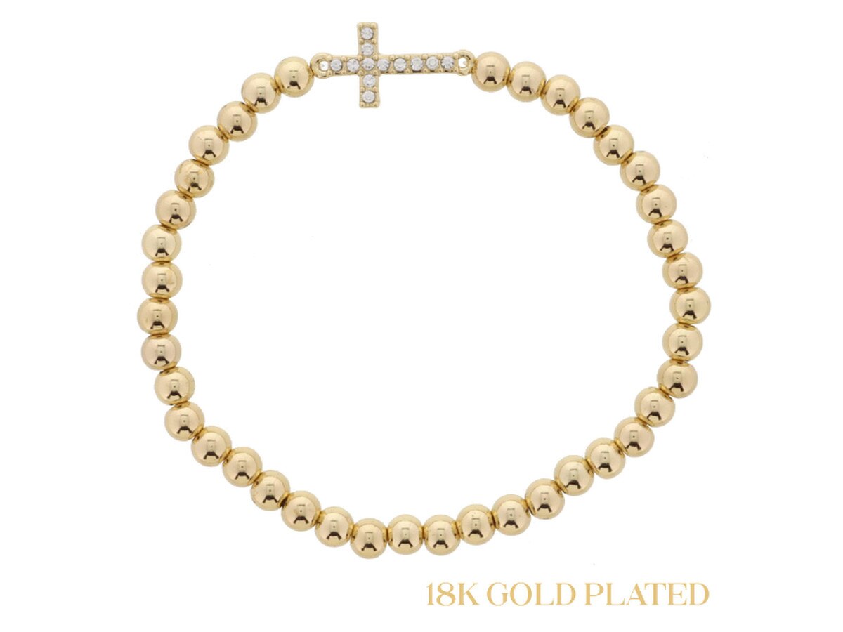 18K Gold Plated Gold Ball Beaded with Sideways Crystal Cross Bracelet