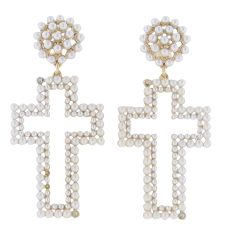 White Pearl Circle Post & Pearl Open Cross Earring