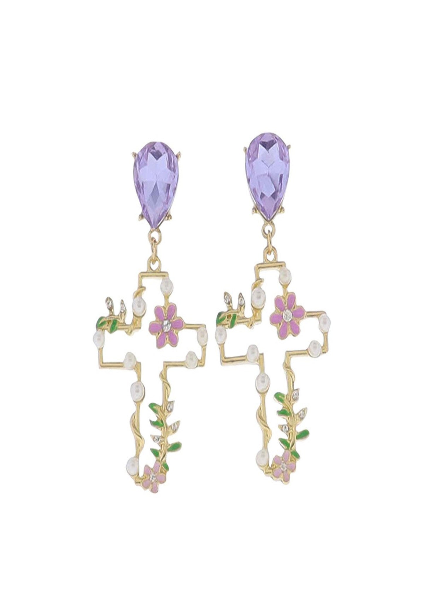 Lavender, White, Green, Gold Crystal Post with Gold Cross with Pearls and Flower Accents Earring