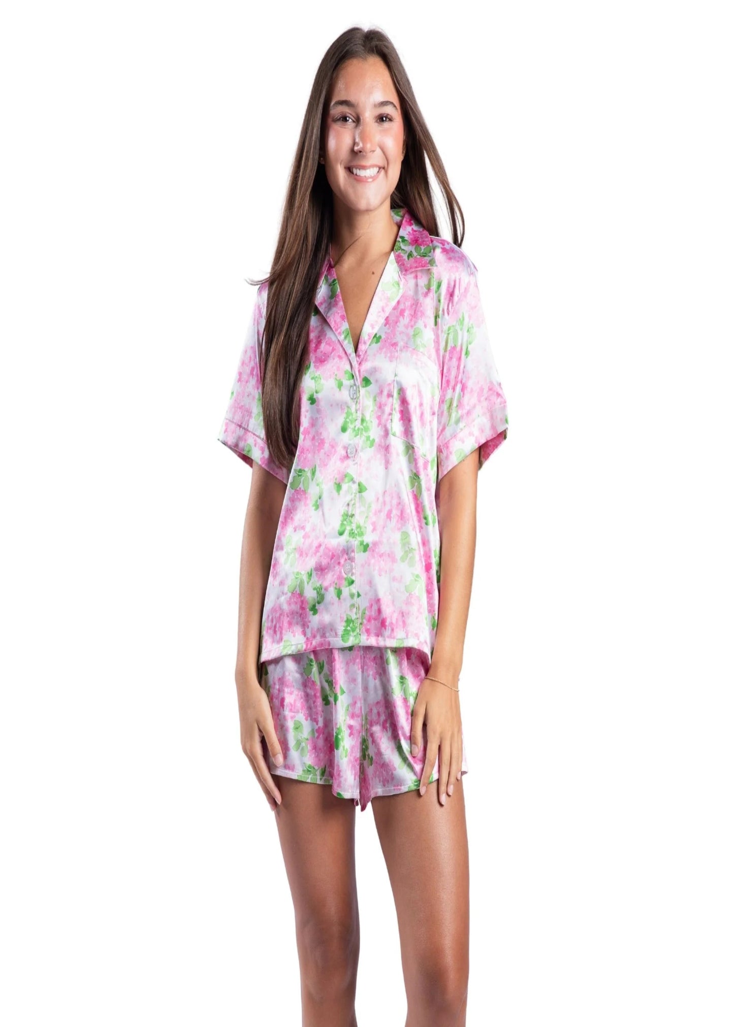 DARLING HYDRANGEA SATIN PAJAMA SHORT SET