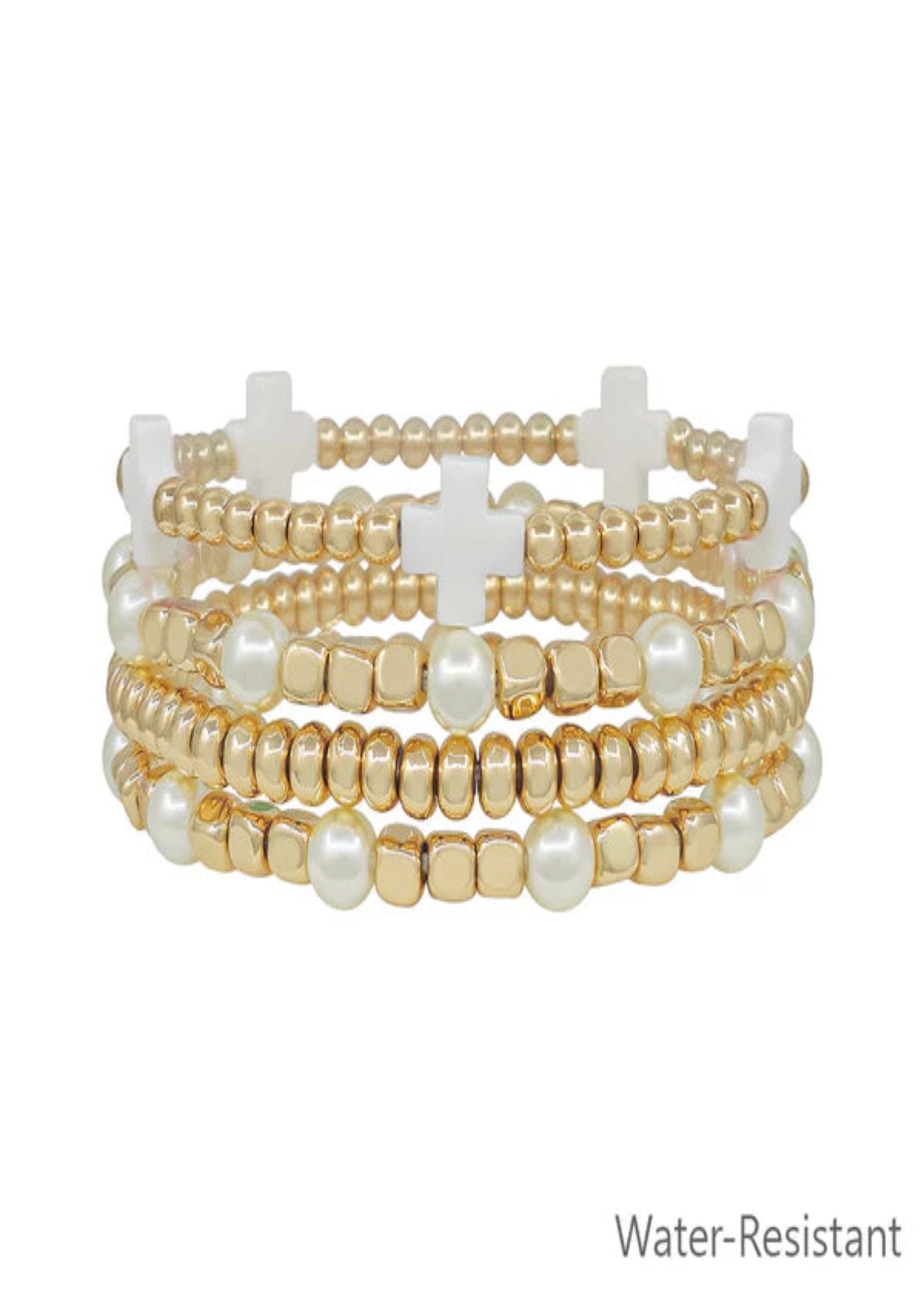 Water Resistant Set of 4 Gold and Pearl Textured Beaded and White Crosses Stretch Bracelets