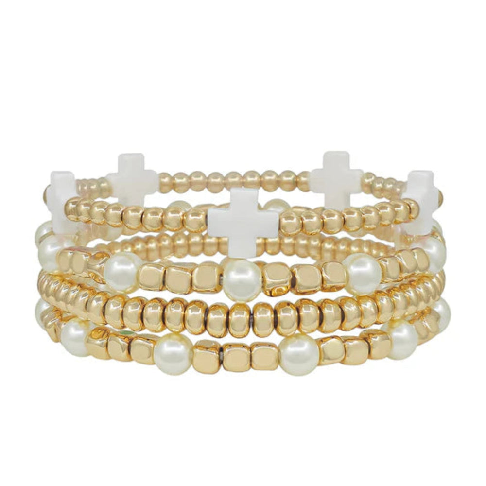 Water Resistant Set of 4 Gold and Pearl Textured Beaded and White Crosses Stretch Bracelets