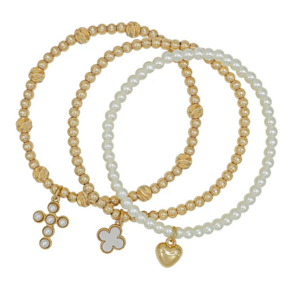 Water Resistant Set of 3 Pearl and Cross Charm Stretch Bracelets