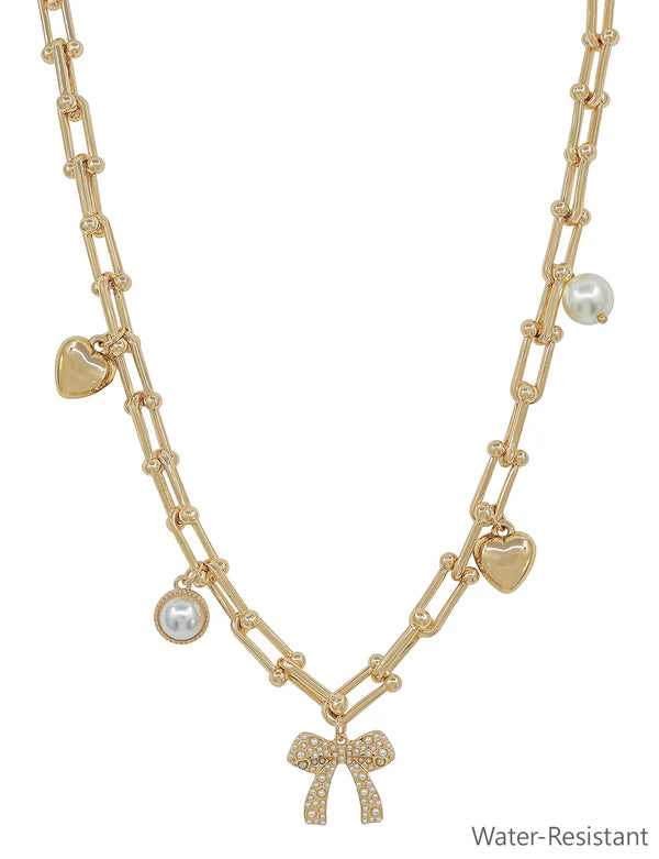 Water Resistant Gold Chain with Bow, Pearl, and Heart 16"-18" Necklace