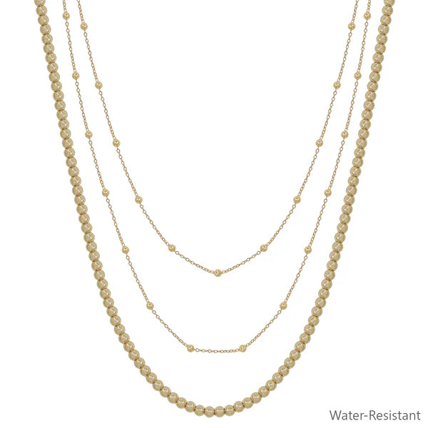 Water Resistant Triple Layered Thin Gold Chain with Beaded Layer 16"-18" Necklace