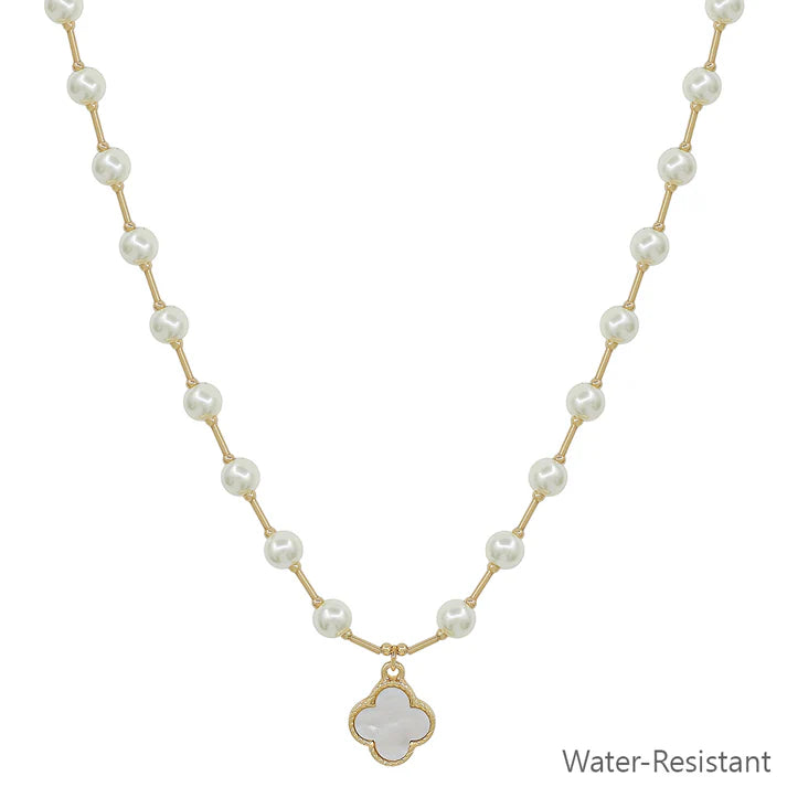 Water Resistant 6MM Pearl Beaded Chain with Clover 16"-18" Necklace