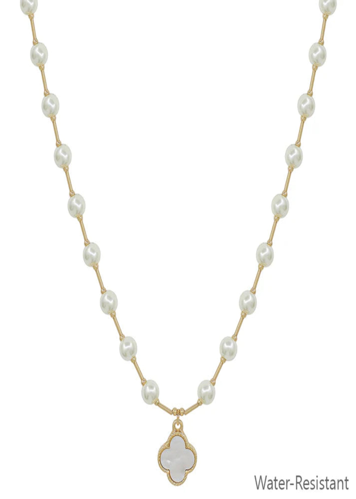 Water Resistant 6MM Pearl Beaded Chain with Clover 16"-18" Necklace