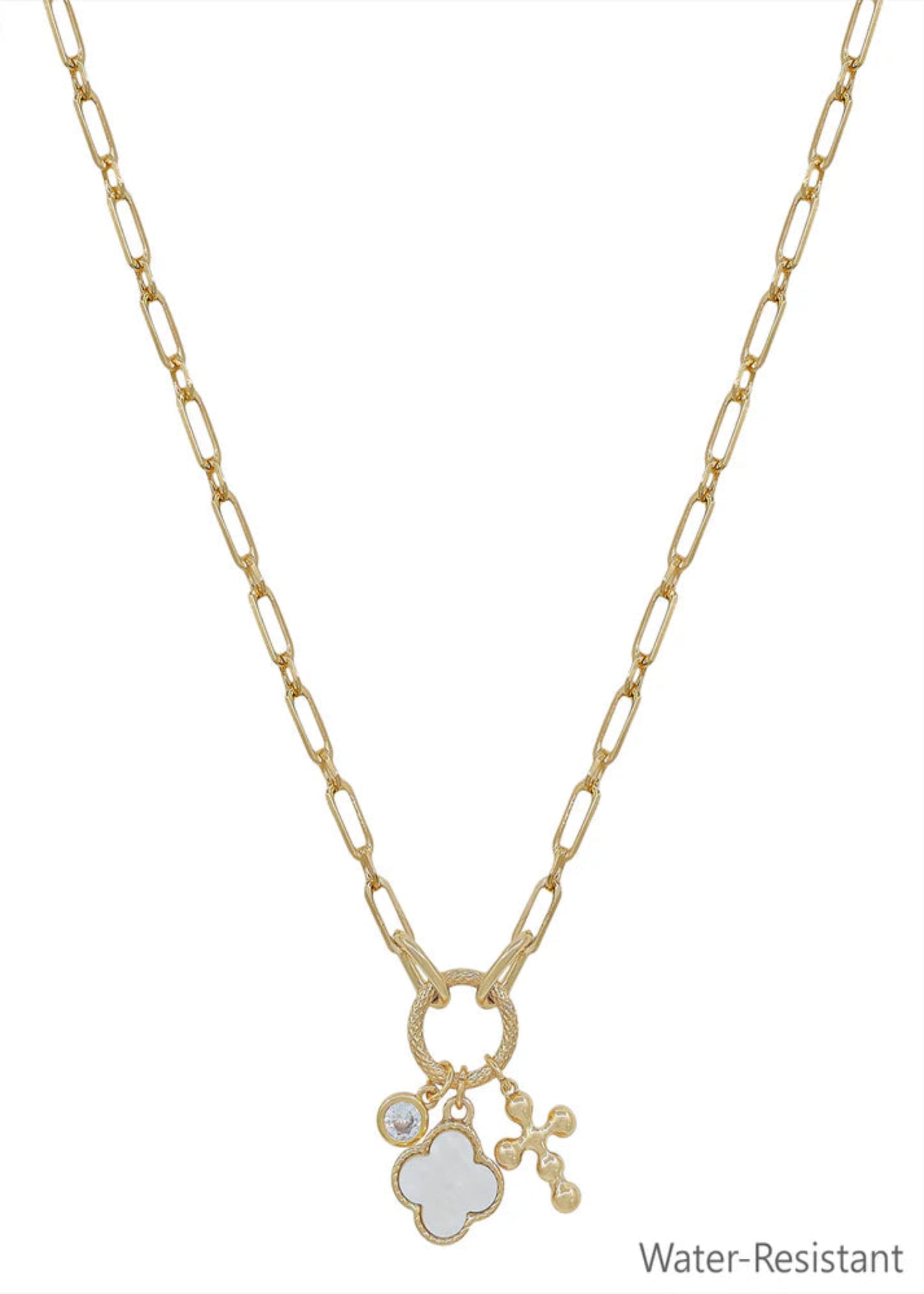 Gold Chain with Clover, Crystal, Cross Charms 16"-18" Necklace