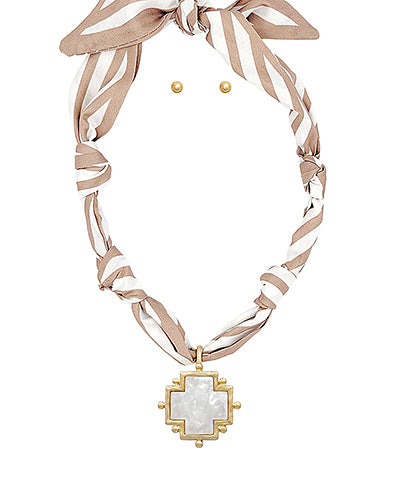 CROSS PENDANT STRIPE SCARF NECKLACE - LIGHT BOWN/CREAM