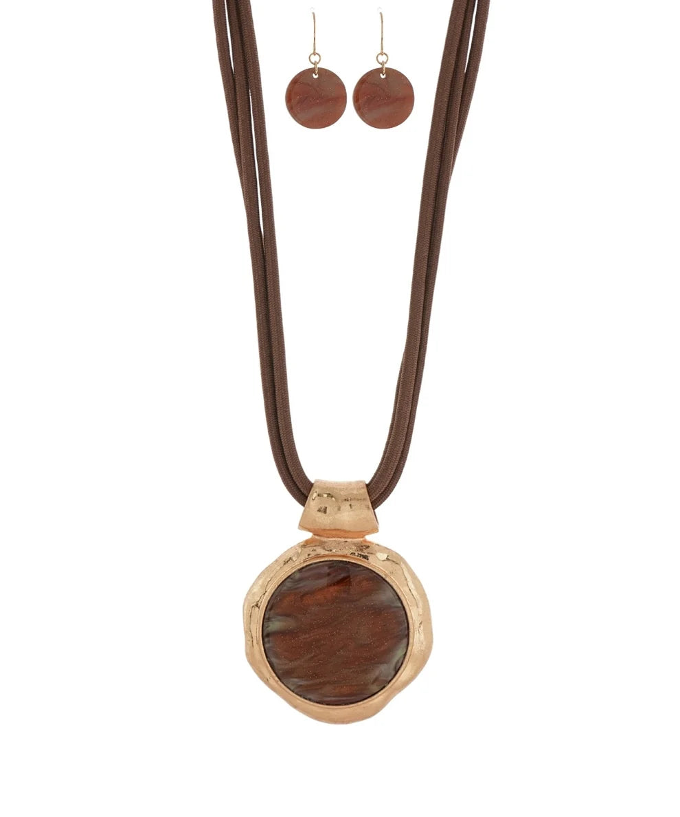 THREE LAYERED CORD MARBLE ROUND STONE NECKLACE - BROWN