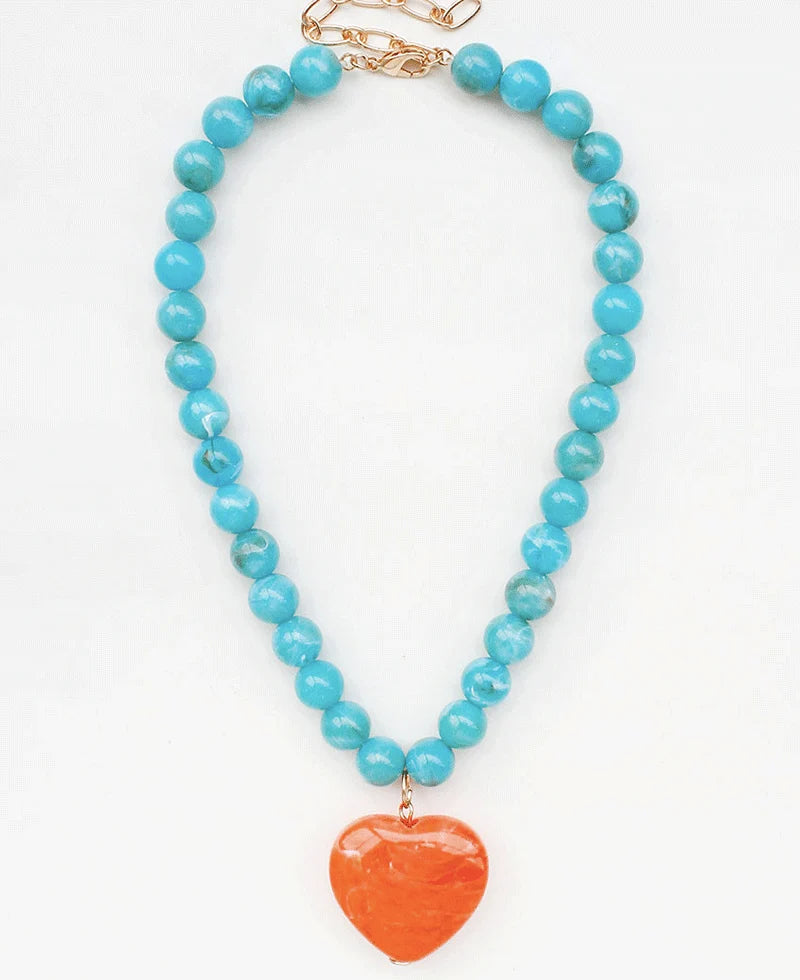 BEADED HEART NECKLACE - TURQUOISE