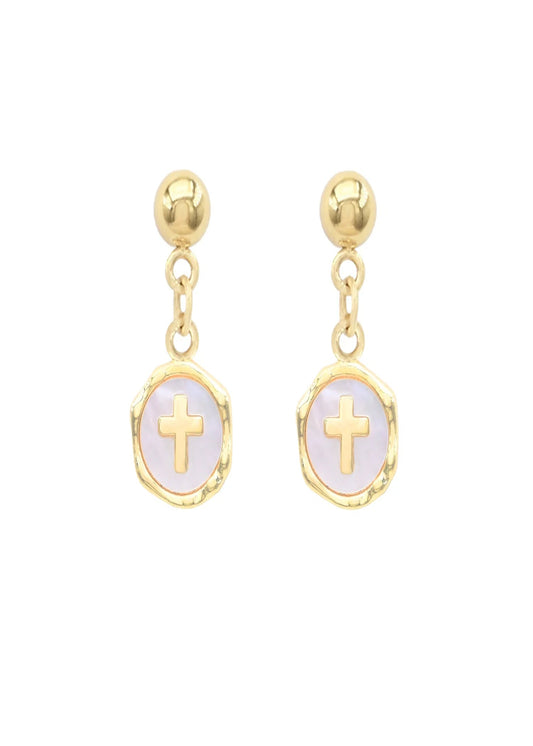 Waterproof Stainless-Steel Pearlized Circle with Gold Cross 1" Stud Drop Earring