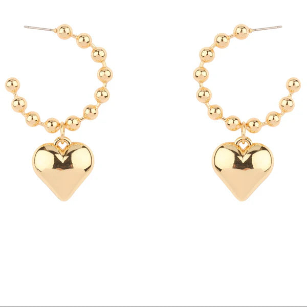 Gold 4MM Beaded Hoop with Puffy Heart 1" Hoop