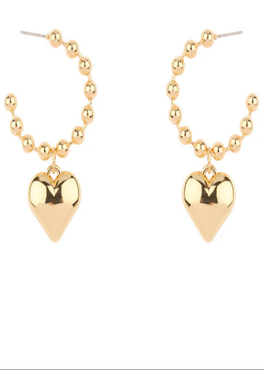 Gold 4MM Beaded Hoop with Puffy Heart 1" Hoop