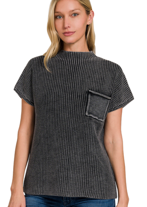 MOCK NECK SHORT SLEEVE SWEATER-BLACK